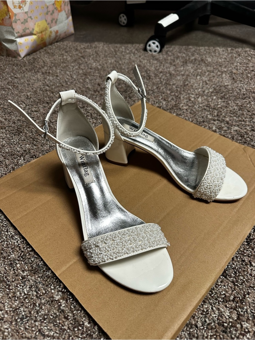 White Beaded Ankle Strap Heels